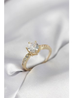 Butik Mey Ithalat® Zirkon Taşlı Tek Taş Model Gold Renk Kadın Yüzük