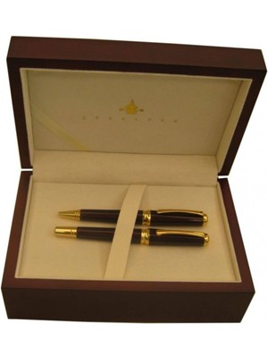 Steelpen Giza Serisi 296 Siyah Dolma+Tükenmez Kalem Lüks Ahşap Kutululu