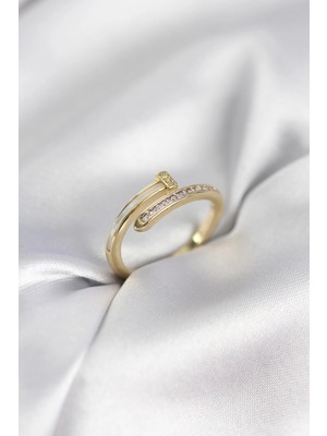 Butik Mey Ithalat® Zirkon Taşlı Gold Renk Yassı Çivi Model Kadın Yüzük
