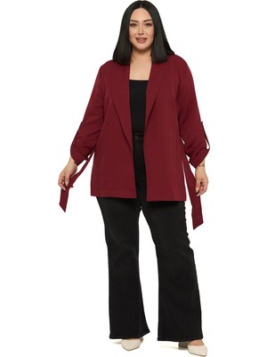 Disentis Modest Büyük Beden Şal Yaka Kendinden Kuşaklı Katlamalı Kollu Bordo Ceket