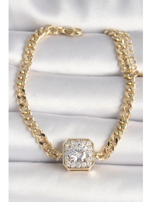 Butik Mey Ithalat® Pirinç Gold Renk Zincir Kare Zirkon Taş Model Xuping Vıp Seri Kadın Bileklik