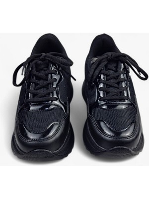 ZOE3tr Kadın Siyah Taş Detaylı Kalın Taban Bağcıklı Sneaker Spor Ayakkabı