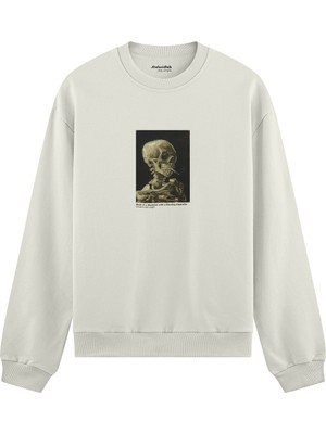 The Lucid Lab Skull Of A Skeleton With Burning Cigarette Oversize Sweatshirt - Beyaz