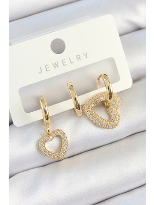 Shopwave Pirinç Zirkon Taşlı Kalp Model Gold Renk 3'lü Çift Kadın Küpe Set