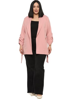 Disentis Modest Büyük Beden Şal Yaka Kendinden Kuşaklı Katlamalı Kollu Pudra Ceket