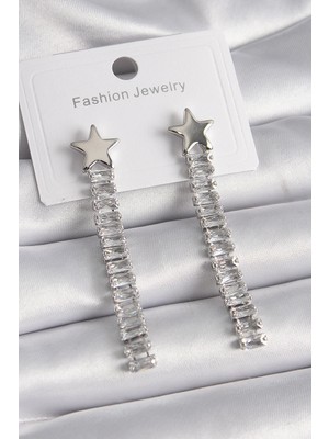 Butik Mey Ithalat® Pirinç Gümüş Renk Yıldız Model Su Yolu Zirkon Taş Kadın Küpe