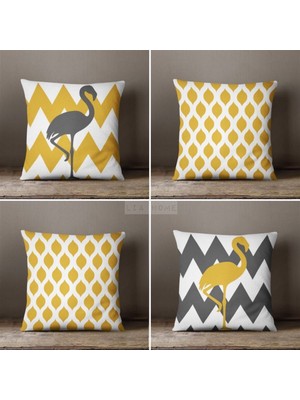 Lia Store Hardal Renk Flamingo Desenli Çift Taraflı Dekoratif 4'lü Kombin Kırlent Kılıfı Seti