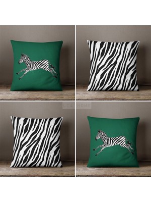 Lia Store Zebra Desenli Yeşil Çift Taraflı Dekoratif 4'lü Kombin Kırlent Kılıfı Seti