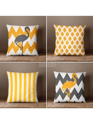 Lia Store Flamingo Desenli Hardal Renk Çift Taraflı Dekoratif 4'lü Kombin Kırlent Kılıfı Seti