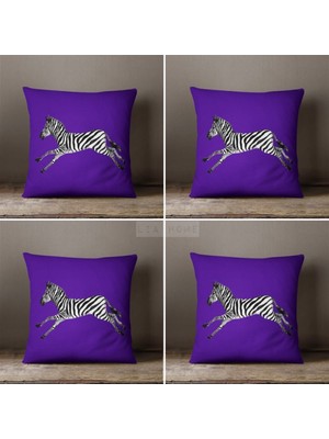 Lia Store Zebra Desenli Mor Renk Çift Taraflı Dekoratif 4'lü Kombin Kırlent Kılıfı Seti