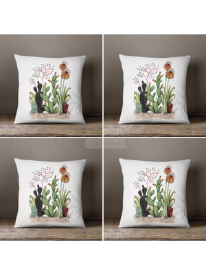 Lia Store Kaktüs Desenli Çift Taraflı Dekoratif 4'lü Kombin Kırlent Kılıfı Seti