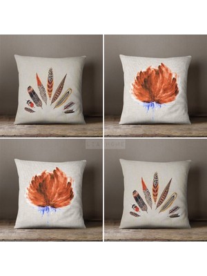 Lia Store Çiçek ve Tüy Desenli Çift Taraflı Dekoratif 4'lü Kombin Kırlent Kılıfı Seti