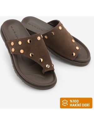 Marjin Kadın Hakiki Deri Parmak Arası Bantlı Zımbalı Günlük Terlik Nobi Kahve Süet