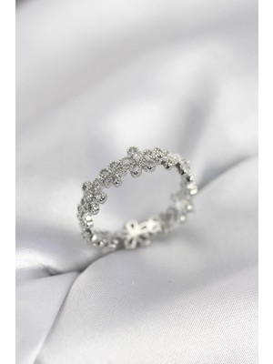 Butik Mey Ithalat® Gümüş Renk Sıralı Çiçek Model Zirkon Taşlı Kadın Yüzük