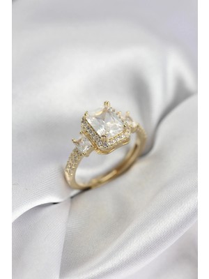 Butik Mey Ithalat® Gold Renk Kare Baget Zirkon Taşlı Tek Taş Model Kadın Yüzük
