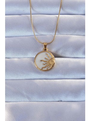 Butik Mey Ithalat® 316L Altın Renk Mineli Parlayan Güneş Kolye