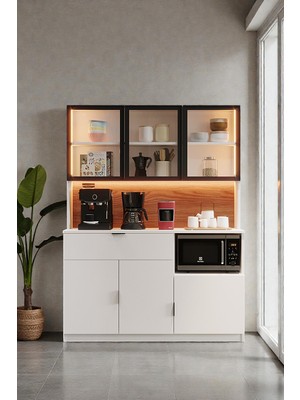 AVM Park Vals 3 Kapaklı Kahve Köşesi Cam Kapaklı LED Işıklı Mikrodalgalı Airfry Kiler Dolabı Beyaz