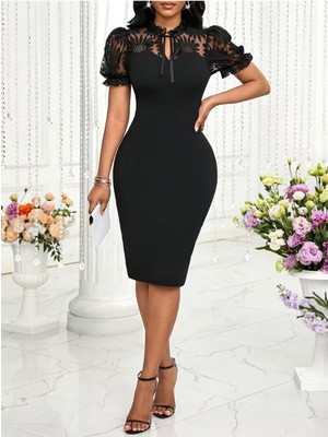 Stelol Kadın Kısa Kollu Yakası Fırfırlı Bağlamalı Çiçek Desenli Tül Detaylı Mini Ithal Krep Elbise