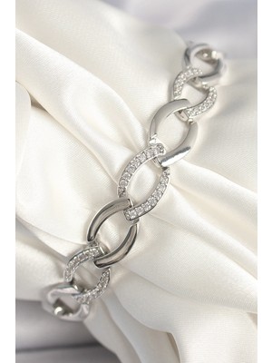 Butik Mey Ithalat® Pirinç Gümüş Renk Zirkon Taşlı Oval Zincir Model Kadın Bileklik