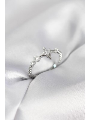 Butik Mey Ithalat® Minimal Kutup Yıldızı Model Zirkon Taşlı Gümüş Renk Kadın Yüzük