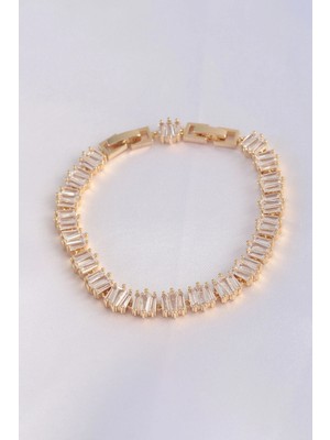 Butik Mey Ithalat® Vip Seri Pirinç Zirkon Taşlı Gold Renk Kare Su Yolu Model Bileklik