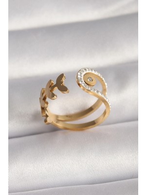 Butik Mey Ithalat® 316L Çelik Gold Renk Zirkon Taşlı Yaprak Model Kadın Yüzük