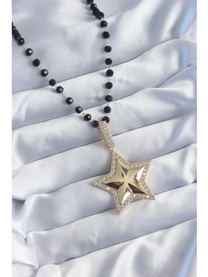 Butik Mey Ithalat® Gold Renk Siyah Boncuk Zirkon Taşlı Yıldız Model Vip Seri Kadın Kolye