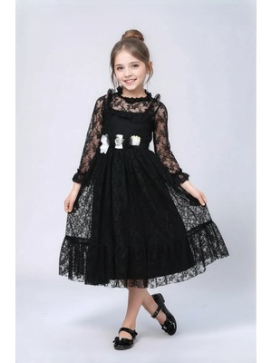 Ricalena Kız Çocuk Uzun Kollu Dantel Elbise Çiçek Figürlü Kuşaklı Düğün Mezuniyet Elbisesi