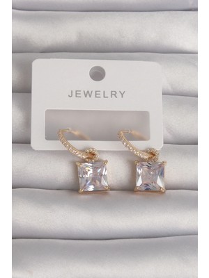 Butik Mey Ithalat® Pirinç Gold Renk Kare Zirkon Taşlı Halka Küpe