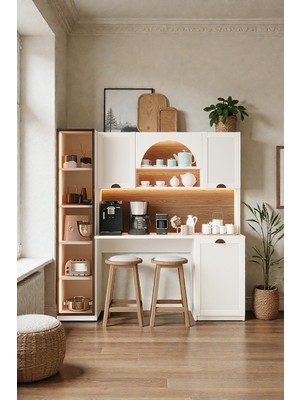 AVM Park Santa Kahve Köşesi Bohem Bar Masası LED Işıklı Fincan Bölmeli Çok Amaçlı Dolap +Tek Temperli Cam Kapaklı Dolap