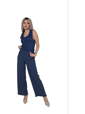 Nemere Kadın Kalın Askılı Body Bol Paça Pantolon 2`li Takım Lacivert