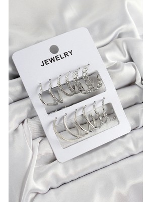 Shopwave Pirinç Karışık Halka Model Gümüş Renk 6 Çift Kadın Küpe Set