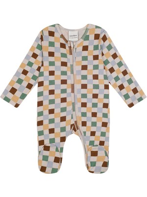 Antebies Organik Gots Sertifikalı Pastel Damalar Desenli Fermuarlı Uzun Kollu Erkek Bebek Patikli Tulum