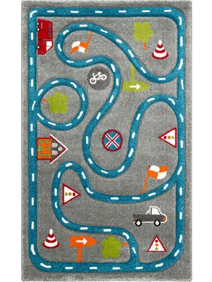 Akbel Halı Kids KDS 19 Gri Mavi - Yumuşak Dokulu Araba Yolu Desenli Toz Vermez Çocuk Halısı