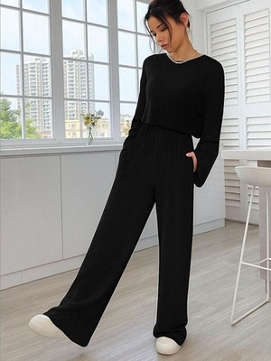 Trendseninle Kadın Siyah Fitilli Örme Kumaş Bisiklet Yakalı Crop Sweatshirt Bol Kesim Rahat Eşofman Takımı