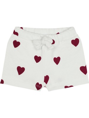 Antebies Organik Gots Sertifikalı Kırmızı Kalp Desenli Beli Lastikli Bağcıklı Kız Bebek Şort