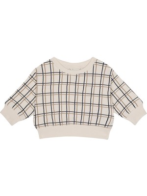 Antebies Organik Gots Sertifikalı Bej Grid Desenli Uzun Kollu Manşetli Erkek Bebek Sweatshirt