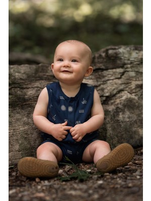 Antebies Organik Gots Sertifikalı Lacivert Gün Batımı Desenli Çıtçıtlı Kısa Kollu Şortlu Erkek Bebek Tulum