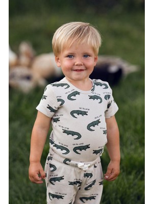 Antebies Organik Gots Sertifikalı,yeşil,timsah, Çıtçıtlı, Bağcıklı Kısa Kollu Erkek Bebek Body Eşofman Takımı