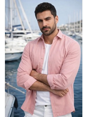 Varetta Erkek Pastel Pembe Gömlek Düz Cepsiz Geniş Kesim Uzun Kollu