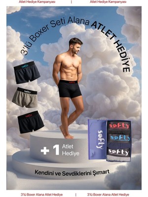 Softy 3'lü Pamuk Penye Erkek Boxer Seti – Premium Kutulu + Atlet Hediye - Karışık