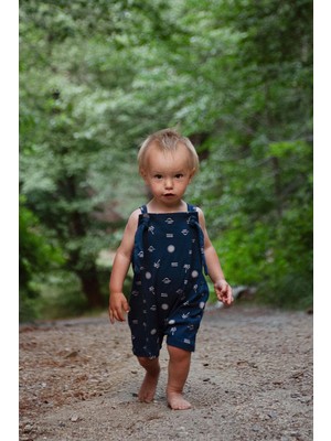 Antebies Organik Gots Sertifikalı Lacivert Gün Batımı, Ayarlanır Askı, Alt Çıtçıt, Şortlu Bebek Salopet