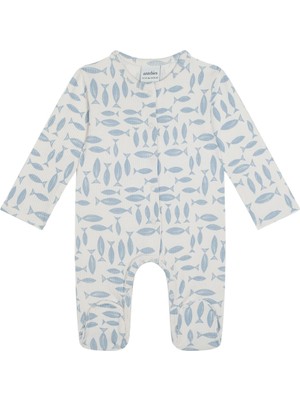 Antebies Bambu Sustainable Mavi Balık Desenli Çıtçıtlı Uzun Kollu Erkek Bebek Patikli Tulum