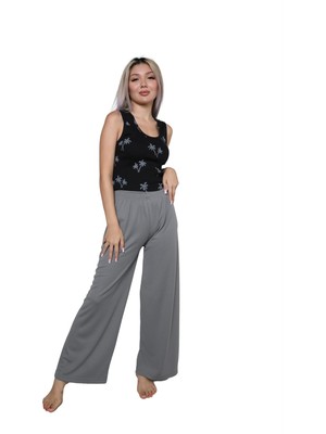 Nemere Kadın Kalın Askılı Body Bol Paça Pantolon 2`li Takım Siyah