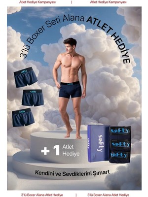 Softy 3'lü Pamuk Penye Erkek Boxer Seti – Premium Kutulu + Atlet Hediye - Lacivert