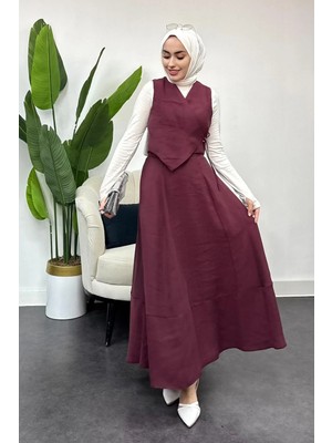 Tesettür Diyarı Tansel Kumaş Efil Efil Yelekli Takım-Mürdüm