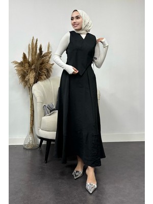 Tesettür Diyarı Tansel Kumaş Efil Efil Yelekli Takım-Siyah