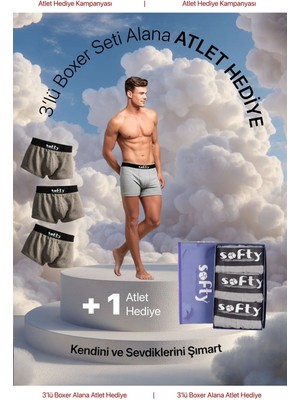Softy 3'lü Pamuk Penye Erkek Boxer Seti – Premium Kutulu + Atlet Hediye - Gri