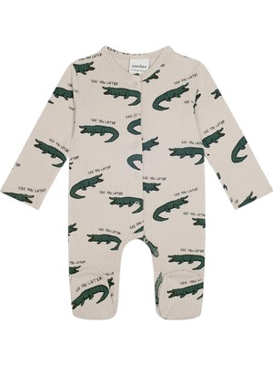 Antebies Organik Gots Sertifikalı Yeşil Timsah Desenli Çıtçıtlı Uzun Kollu Erkek Bebek Patikli Tulum