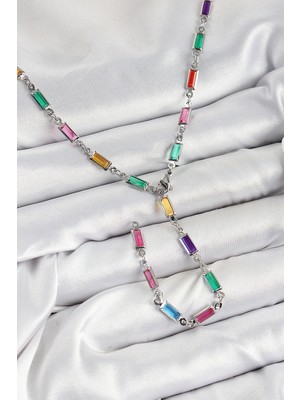 Shopwave Pirinç Renkli Zirkon Taşlı Dikdörtgen Model Gümüş Renk Kadın Y Kolye